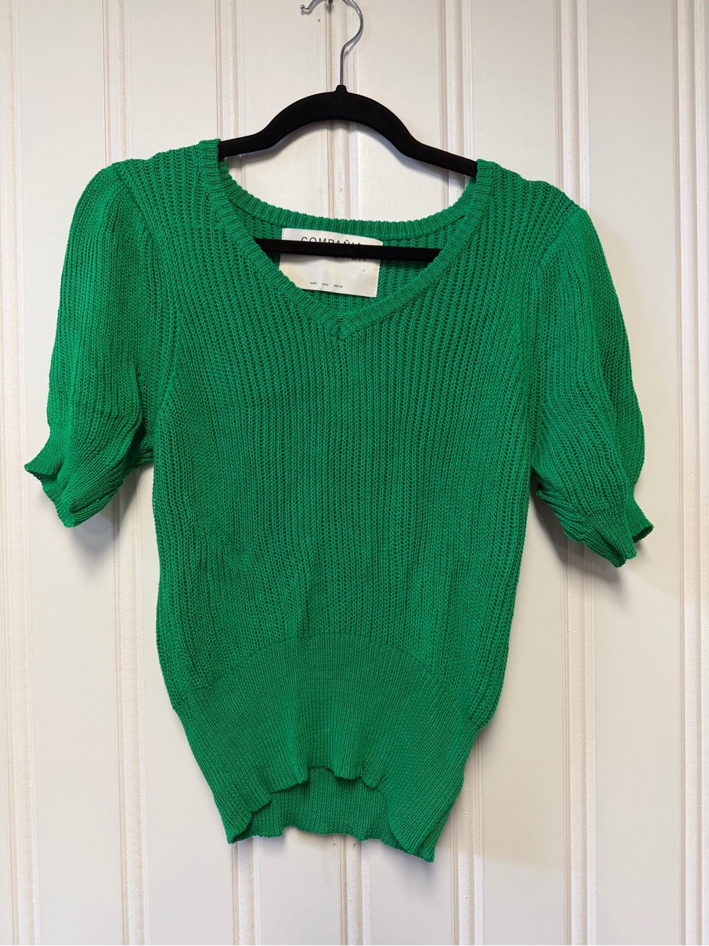 Compañia Fantastica Green V-Neck Puff Short Sleeve Knit Sweater Top small